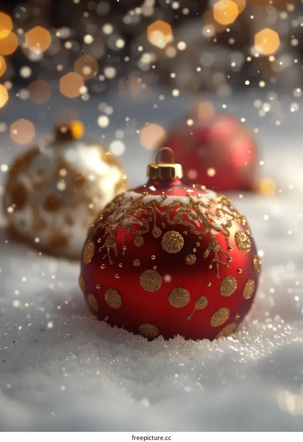 Christmas Ornaments in Snow with Bokeh Lights
