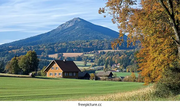 Autumnal Mountain Village Landscape with Farmhouses