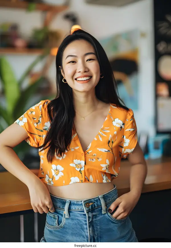 Smiling Asian Woman Wearing Orange Floral Top