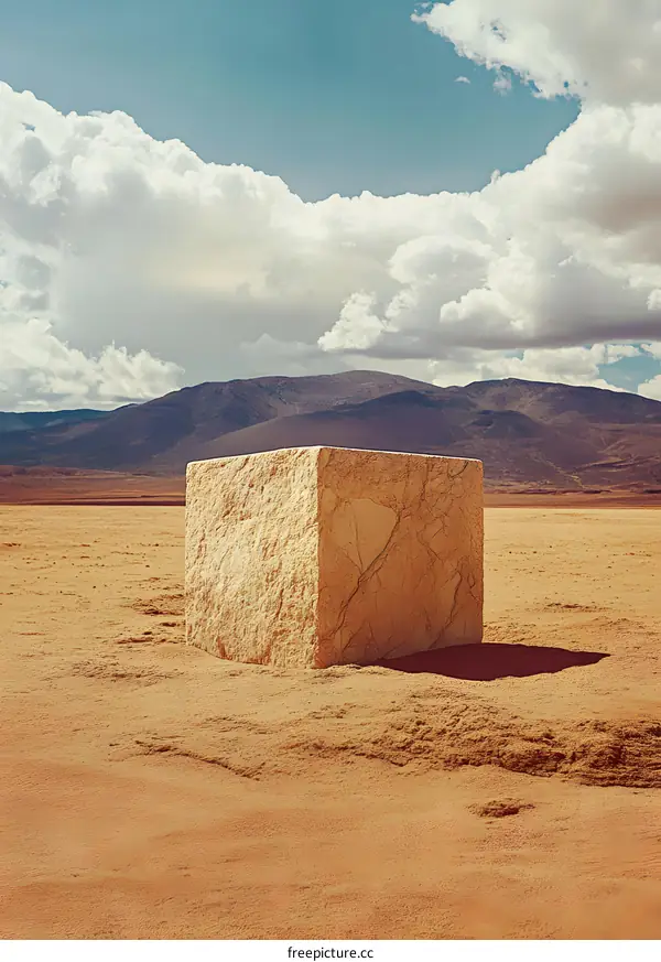 Stone Cube in Desert Landscape