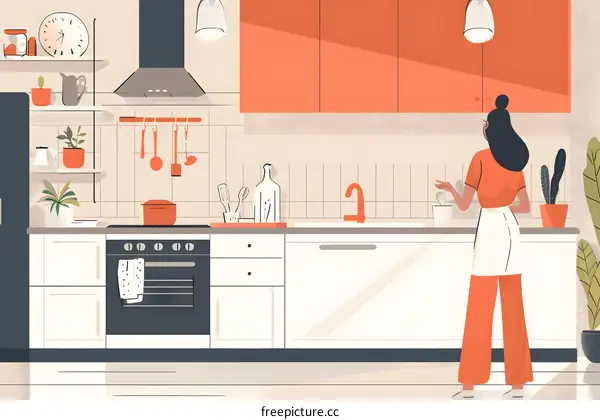 Woman Standing in Kitchen With Orange Cabinets