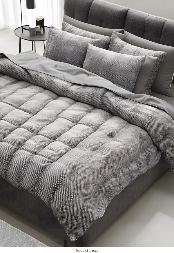 Gray Plaid Comforter on a Gray Bed with Pillows
