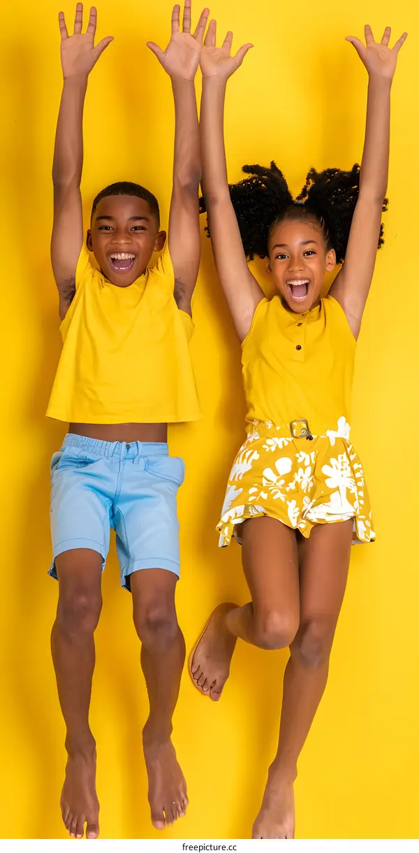 Two Black Children Jumping in the Air With Arms Up in Excitement
