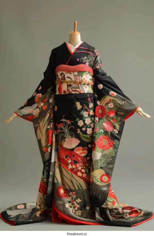 A kimono with a pattern of flowers and fans.