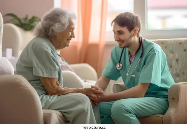 Smiling Elderly Woman Holding Hands with Smiling Male Nurse