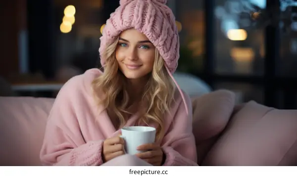 Young woman in a pink beanie and matching blanket holding a white coffee mug and smiling