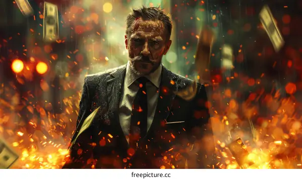 A man in a suit standing in the rain of money