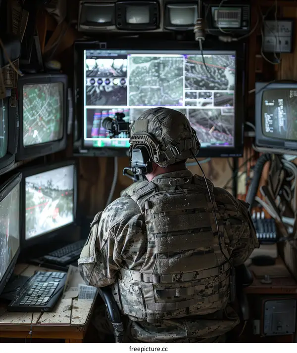 Soldier monitors multiple computer screens in a military operations center