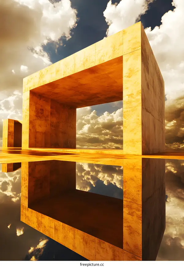 Golden Concrete Structure with Reflection in Water