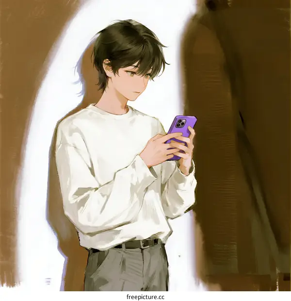 Young man standing indoors using mobile phone with soft lighting