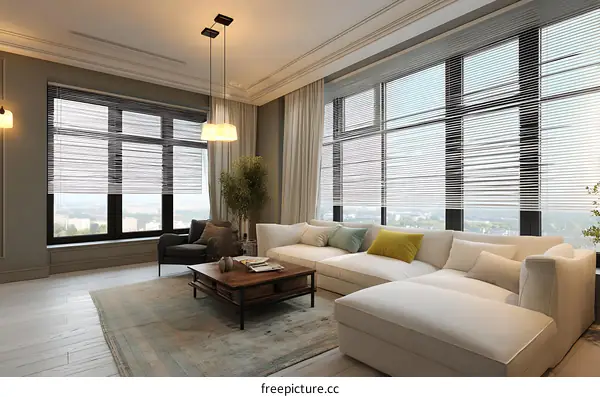 Modern Living Room Interior Design with Large Windows