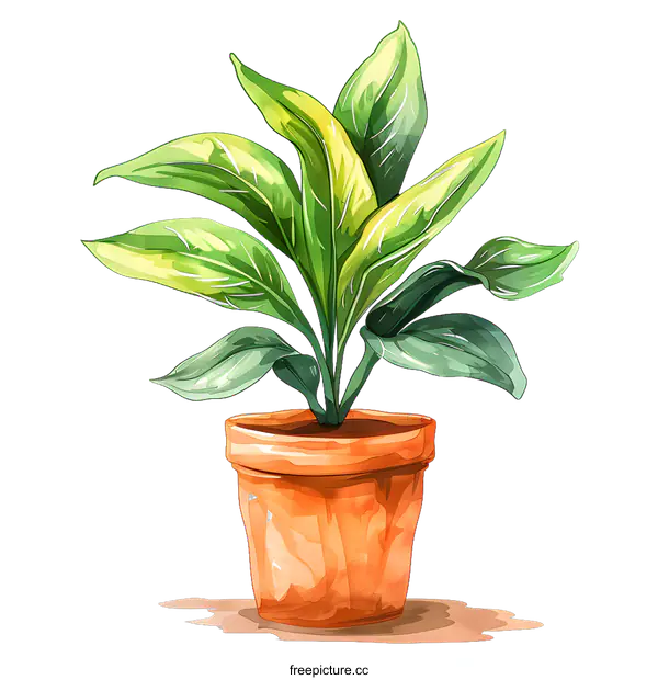 [Transparent Background PNG]Watercolor Illustration of a Green Plant in a Brown Pot