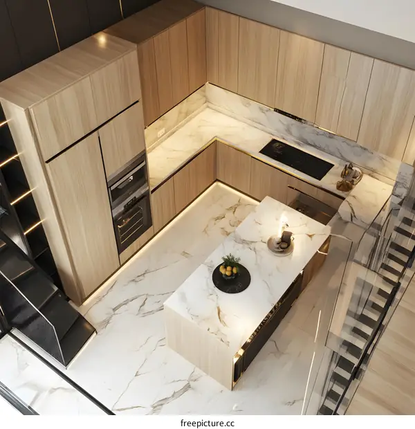 Modern Kitchen Interior Design with Marble Countertops and Wooden Cabinets