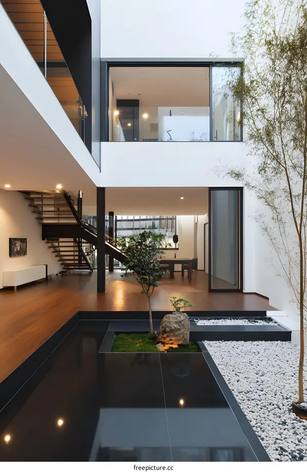 Modern Minimalist Courtyard Design with a Small Pond and White Pebbles
