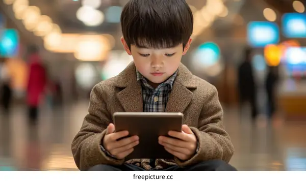 A Child Using a Tablet in a Shopping Mall