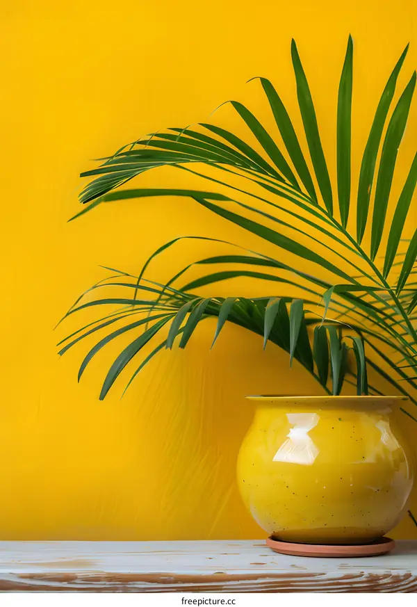 Yellow Wall with Palm Leaf in Pot