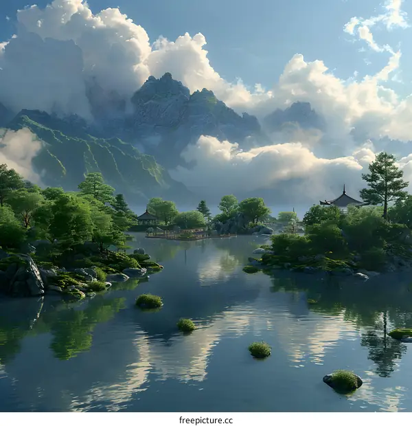 Misty Mountains and Serene Lake