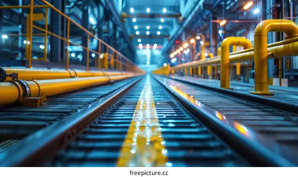 Industrial factory interior with yellow pipes and blue lights