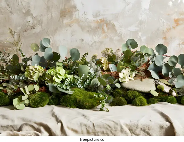 Green Moss And Eucalyptus Leaves On A Tan Fabric Background
