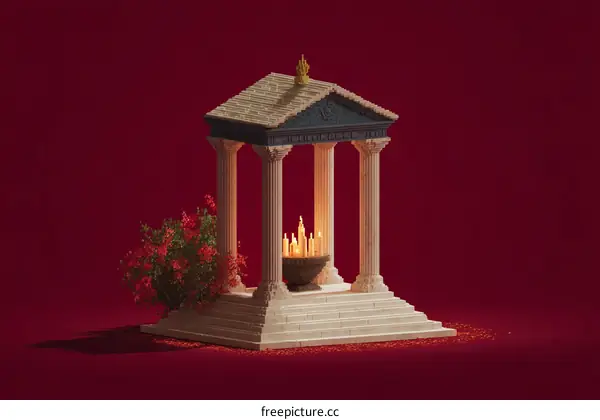 Ancient Temple Miniature on Burgundy Background