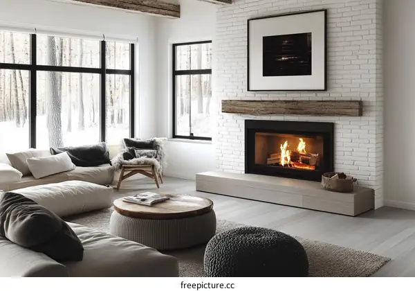 Modern Cozy Living Room with Fireplace and Winter View