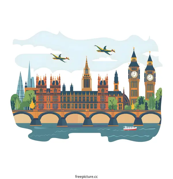 London Skyline with Big Ben and Houses of Parliament Illustration