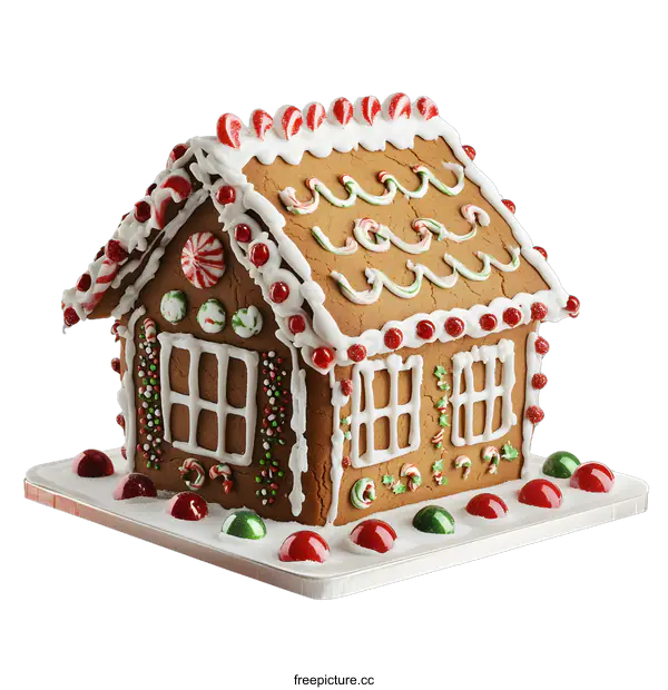 [Transparent Background PNG]Gingerbread House Decorated With Candy Canes And Red And Green Candy