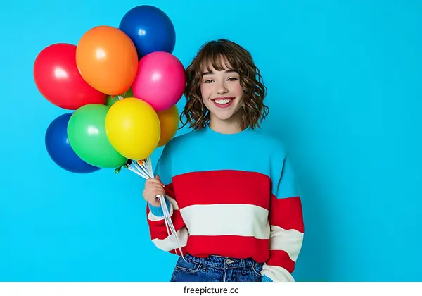 Teenage girl with colorful balloons on bright background
