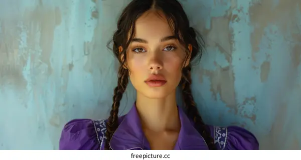 portrait of a young woman with long dark hair wearing a purple shirt