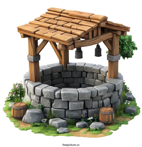 [Transparent Background PNG]Medieval Wooden Well with Stone Walls