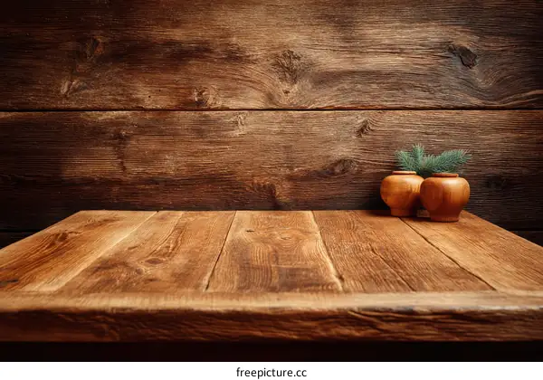 Rustic Wooden Table Top with Decorative Vases