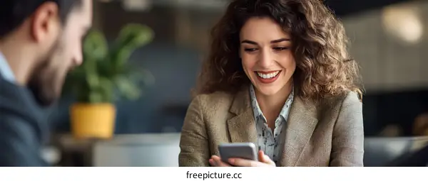 Happy Businesswoman Looking at Phone in Cafe