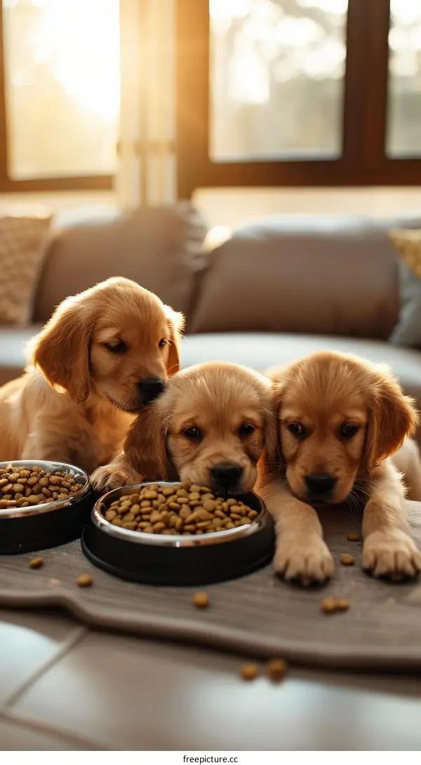 Three cute golden retriever puppies eating food from bowls