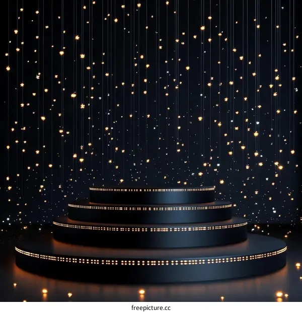 Dark Stage with Golden Lights and Multi-Level Podium