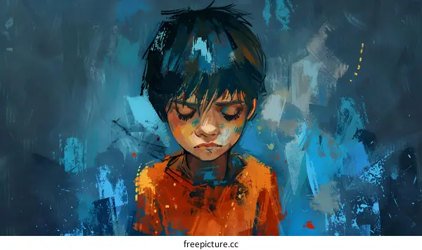 An illustration of a sad looking boy with dark hair and wearing an orange shirt