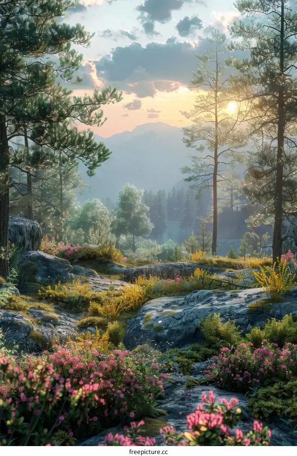 Serene Fantasy Landscape with Towering Rocks, Vivid Flowers, and Lush Trees