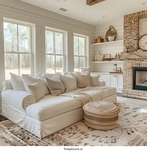 A cozy living room with a fireplace and a large white sofa