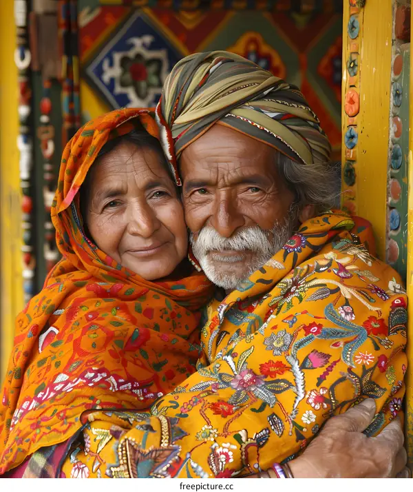 An old couple in colorful turbans