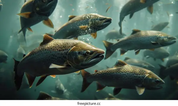 A school of fish swim in the ocean.