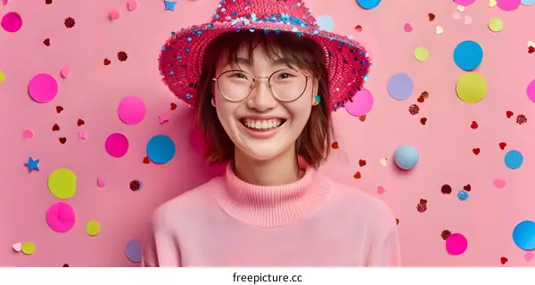 Happy Asian Woman with Confetti Smiling in Pink Hat