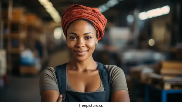 Portrait of a smiling African woman wearing a headscarf in a warehouse