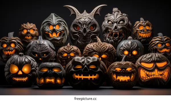 Carved pumpkins with various expressions