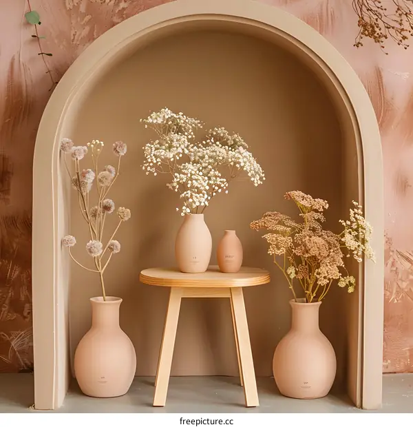 Dried Flowers in Vases on a Wooden Table