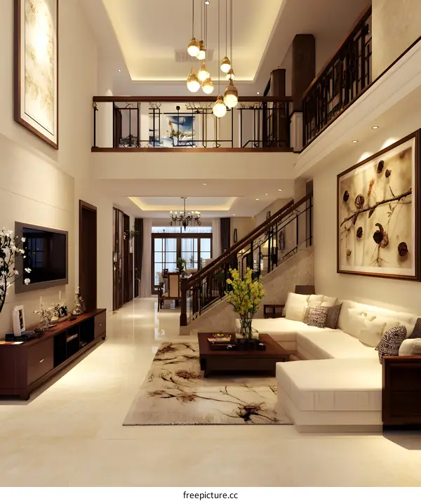 Modern Luxury Living Room Interior Design with Staircase and Large Windows