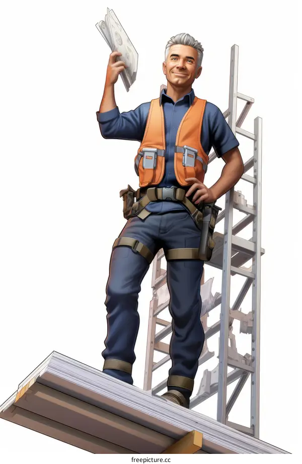 Construction Worker on Scaffolding with Blueprints