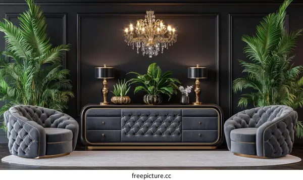 Elegant Dark Room with Luxurious Furniture and Plants