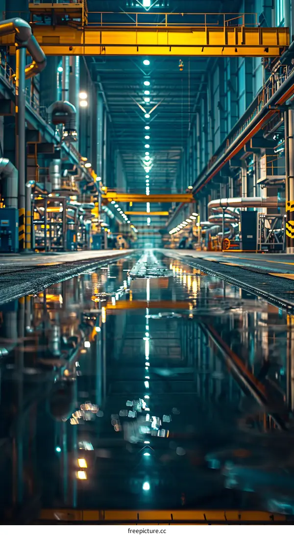 Modern Industrial Building Interior with Pipes and Yellow Cranes
