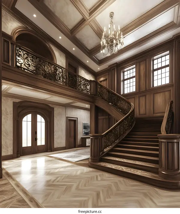 Luxury Mansion Interior Design With Grand Staircase and Chandelier