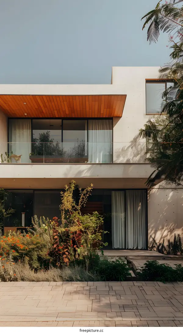 Modern Concrete Home With Wooden Accents and Lush Greenery