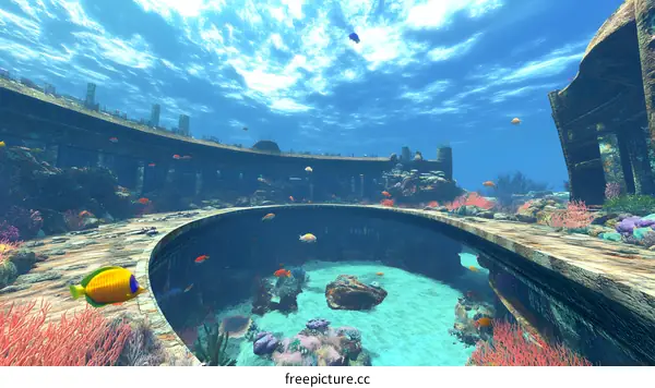 Underwater City Ruins with Coral Reefs and Fish